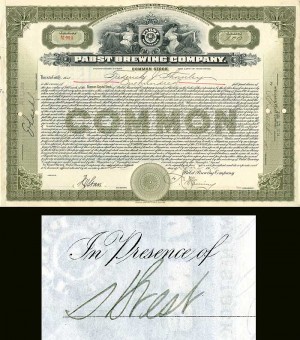 Pabst Brewing Co. signed by Henry Best - Stock Certificate